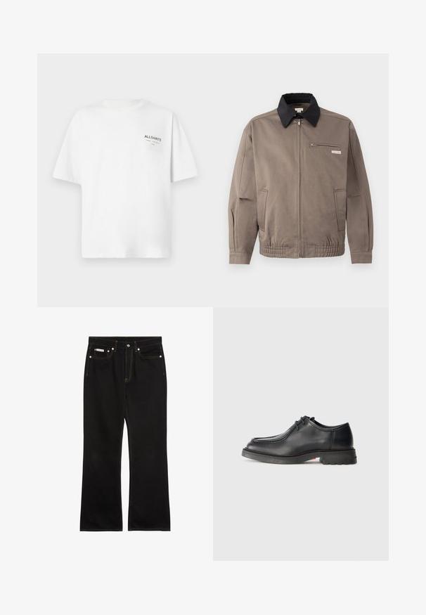 Grå jakke med sort krave, front lynlås og brystlomme. Har elastiske manchetter og linning, lavet af slidstærkt stof.; Hvid kortærmet bomulds T-shirt med lille sort "ALLSAINTS" tekst og japanske tegn trykt på venstre bryst.; Sorte jeans med lige ben, orange syning, fem lommer, knaplukning og et lille Calvin Klein-mærke på den forreste højre lomme.; Sorte lædersko med glat tekstur, rund tå og lav, præget syning. Tykk gummisål med let hæl og skridsikker mønster.