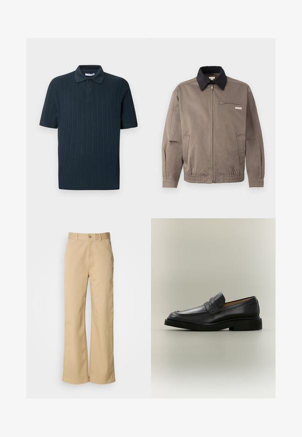 Grijze jas met een zwarte kraag, een ritssluiting aan de voorkant en een borstzak. Beschikt over elastische manchetten en een tailleband, gemaakt van duurzaam materiaal.; Donkerblauw poloshirt met korte mouwen en een geribbelde structuur, voorzien van een kraag en een drieknopsbies.; Beige, wijde broek gemaakt van een katoenmix. Voorzien van een knoopsluiting en riemlussen. Soepele textuur, met minimale stikseldetails.; Zwarte leren herenloafer met een lage hak en een banddetail over het bovenwerk, getoond in profiel op een neutrale achtergrond.