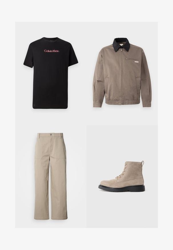 Grå jakke med sort krave, front lynlås og brystlomme. Har elastiske manchetter og linning, lavet af slidstærkt stof.; Sort kortærmet t-shirt lavet af bomuld, med et centralt Calvin Klein-logo i rød og hvid, med rund halsudskæring og afslappet pasform.; Beige bukser med vide ben lavet af bomuld; har forlommer, knaplukning og synlig syning langs kanterne.; Beige ruskindsankelstøvler med sort gummisål, snørelukning og et lille logo præget på siden, med en løftestrop bagpå.