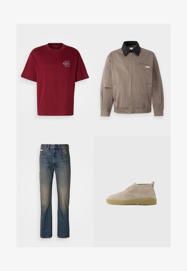 Grå jakke med sort krave, front lynlås og brystlomme. Har elastiske manchetter og linning, lavet af slidstærkt stof.; Mørkerød bomulds t-shirt med afslappet pasform, korte ærmer og et frontlogo i hvid. Har rund halsudskæring og glat tekstur.; Højtaljede blå jeans lavet af denim, med et lige ben-design, falmede slidte lapper og traditionel fem-lomme stil.; Beige ruskinds ankelhøj snøresko med lysebrun gummisål og en løkke ved hælen, Calvin Klein logo nær kraven.