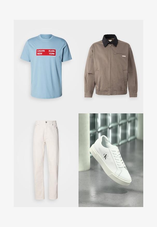 Hallideg hall ilma heledas karvastes kraes, esi tõmmetenöör ja üks rinna tasku. Omab elastseid mansette ja vöökohta, valmistatud vastupidavast kangast.; Calvin Klein Jeans BOX GRAPHIC TEE - Trükipildiga T-särk - smoke blue; Sirgeda valgedest denimist püksid, millel on nupuga ja lukuga kinnitajad, vööreak ja ees- ning tagaosal taskud, esitlemine lihtsal taustal.; Valge Calvin Kleini paeltega tennisejalanõu, mis on kuvad surnud põranda ja klaasplokkide seina taustal hõljuvana.