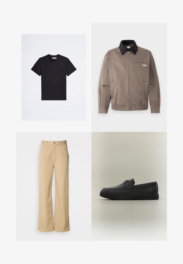 Graue Jacke mit schwarzem Kragen, Reißverschluss vorne und Brusttasche. Merkmale sind elastische Bündchen und Gummizug am Saum, aus strapazierfähigem Material.; Schwarzes T-Shirt mit kurzen Ärmeln und Rundhalsausschnitt mit kleinem tonalem Logo auf der linken Brust und weißem Markenetikett im Kragen.; Beige, weit geschnittene Hosen aus einer Baumwollmischung. Mit einem Knopfverschluss und Gürtelschlaufen. Glatte Textur mit minimalen Nähten.; Schwarzer lässiger Lederloafer mit Schnürdetails und dicker Gummisohle, seitlich auf neutralem Hintergrund dargestellt.