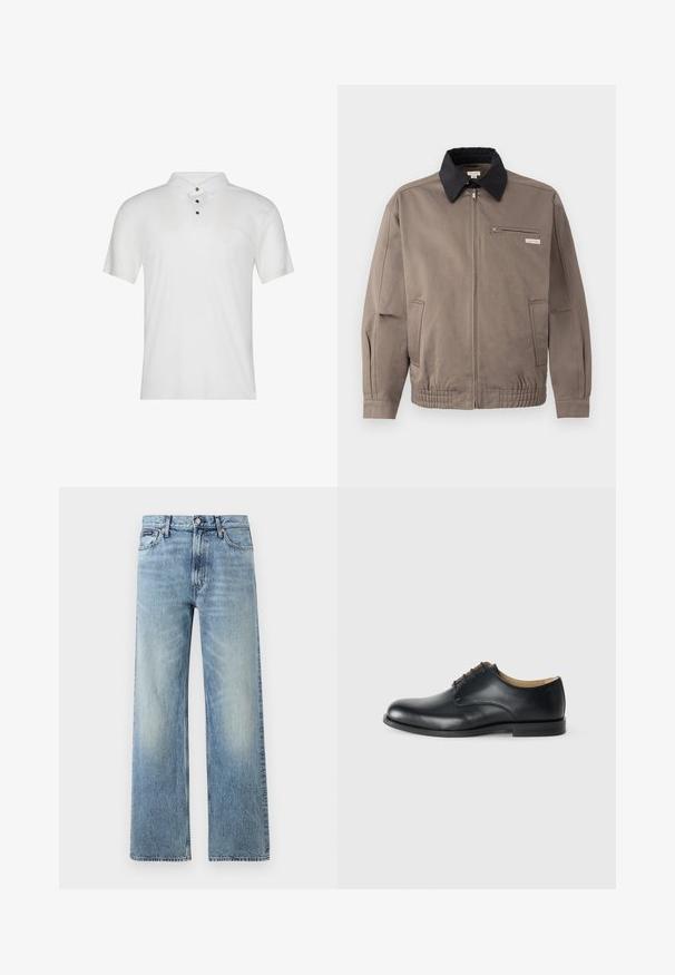 Graue Jacke mit schwarzem Kragen, Reißverschluss vorne und Brusttasche. Merkmale sind elastische Bündchen und Gummizug am Saum, aus strapazierfähigem Material.; Weißes Poloshirt aus Baumwolle mit kurzen Ärmeln, einem Kragen und drei schwarzen Knöpfen vorne. Glatte Textur mit minimalem Branding.; Hellblaue Jeans mit geradem Bein, hohem Bund, fünf Taschen, Knopfverschluss und dezentem Verblassen an Oberschenkeln und Knien.; Calvin Klein ESS DERBY - Schnürer - triple black
