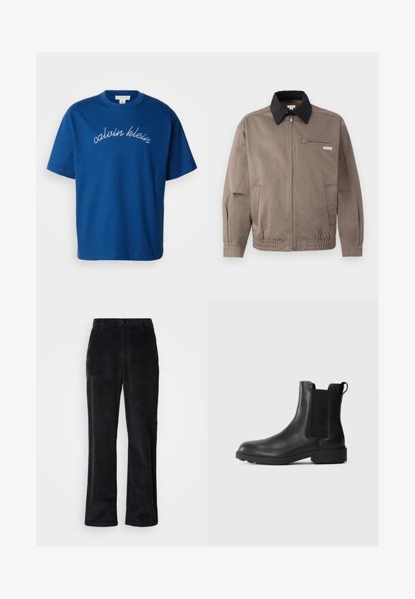 Grijze jas met een zwarte kraag, een ritssluiting aan de voorkant en een borstzak. Beschikt over elastische manchetten en een tailleband, gemaakt van duurzaam materiaal.; Blauwe katoenen t-shirt met een ronde hals en korte mouwen, met "calvin klein" elegant in witte cursieve letters geborduurd over de borst.; Ribfluwelen broek in donkerzwart met een rechte pijp, voorzien van een knoopsluiting, riemlussen en zijzakken voor functioneel gebruik.; Zwarte leren enkelboot met elastische zijpanelen, trekhaak op de hiel en een lage blokzool tegen een effen achtergrond.