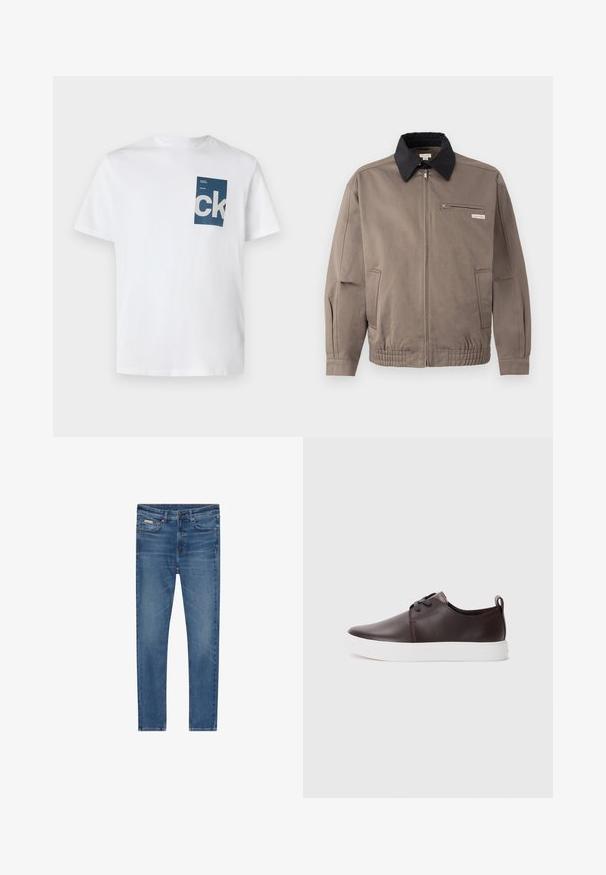 Graue Jacke mit schwarzem Kragen, Reißverschluss vorne und Brusttasche. Merkmale sind elastische Bündchen und Gummizug am Saum, aus strapazierfähigem Material.; Weißes Baumwoll-T-Shirt mit einer blauen rechteckigen Tasche, die mit dem weißen 'ck'-Logo und Textdetails verziert ist. Kurze Ärmel, Rundhalsausschnitt, normale Passform.; Blaue Denim-Jeans mit schlanker Passform, fünf Taschen, Knopfverschluss und subtiler Verblassung an Oberschenkeln und Knien.; Braune Leder-Sneaker mit glatter Oberfläche, weißer Gummisohle, abgerundeter Zehenpartie und Schnürverschluss. Mit einer Schlaufe am Absatz.