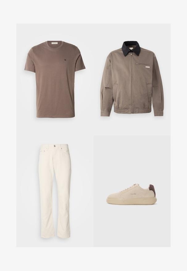 Veste grise avec un col noir, fermeture éclair sur le devant et une poche poitrine. Dispose de poignets et d'une taille élastiques, fabriquée en tissu durable.; T-shirt en coton marron avec un col rond, des manches courtes et un petit logo noir sur la poitrine gauche. Texture lisse et couleur unie.; Jeans en coton beige avec un design classique à jambe droite, comportant une fermeture à bouton à l'avant, cinq poches et des détails de couture subtils.; Baskets en daim beige avec un bout rond, lacets à l'avant et un accent en daim marron sur le talon. Dotées d'une semelle en caoutchouc texturé.