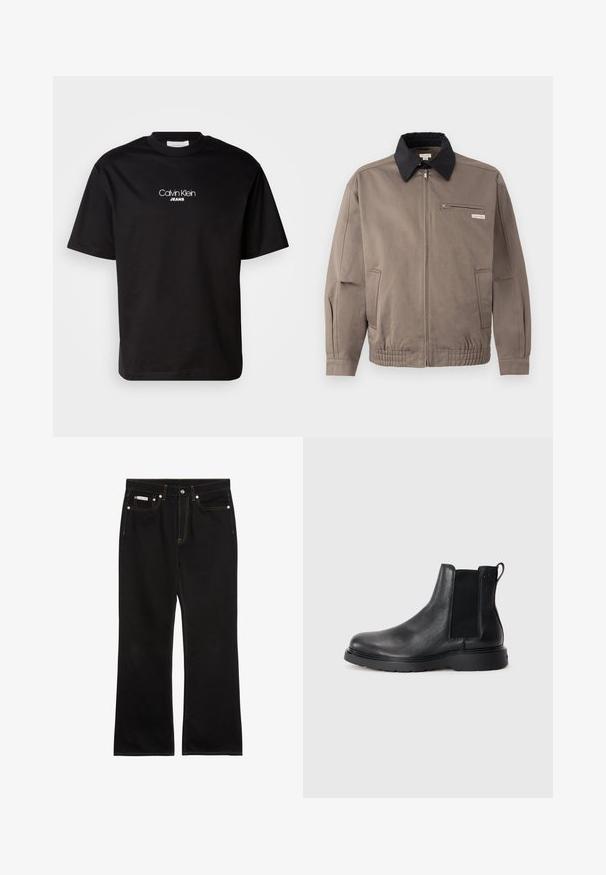 Grijze jas met een zwarte kraag, een ritssluiting aan de voorkant en een borstzak. Beschikt over elastische manchetten en een tailleband, gemaakt van duurzaam materiaal.; Zwarte katoenen t-shirt met ronde hals, korte mouwen en witte "Calvin Klein JEANS" logo op de voorkant. Eenvoudig en recht gesneden ontwerp.; Zwarte jeans met rechte pijpen, oranje stiksels, vijf zakken, knoopsluiting en een klein Calvin Klein-label op de voorste rechterzak.; Zwarte leren Chelsea boots met een gestructureerde afwerking, elastische zijpanelen en een stevige rubberen zool. Subtiele branding op de hiel.