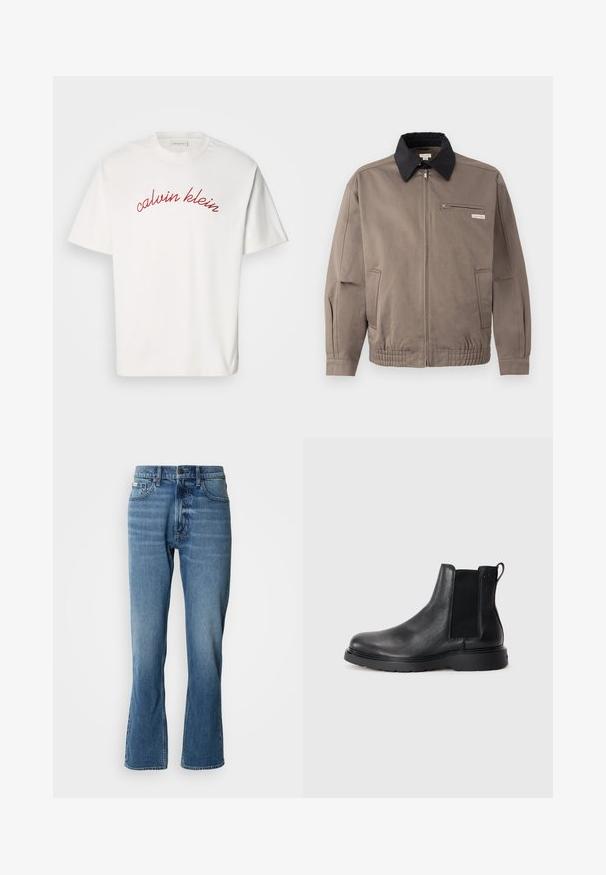 Grå jakke med sort krave, front lynlås og brystlomme. Har elastiske manchetter og linning, lavet af slidstærkt stof.; Hvid bomulds t-shirt med korteærmer, der har buet rød broderet tekst "calvin klein" tværs over brystet. Klassisk crew neck design.; Lyseblå denim jeans med lige pasform og let flare. Har fem lommer, knaplukning og subtile slidte detaljer.; Sorte læder chelsea støvler med tekstureret finish, elastiske sidepaneler og en robust gummisål. Subtil branding på hælen.