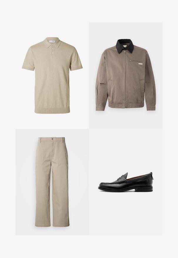 Veste grise avec un col noir, fermeture éclair sur le devant et une poche poitrine. Dispose de poignets et d'une taille élastiques, fabriquée en tissu durable.; Polo beige à manches courtes avec col et trois boutons, bords côtelés aux manches et à l'ourlet, tissu en maille unie.; Pantalon beige à jambes larges en coton ; doté de poches plaquées à l'avant, d'une fermeture à bouton et de coutures visibles le long des ourlets.; Mocassin homme en cuir noir avec couture moc toe, bride penny, col texturé et petit talon empilé sur fond blanc.
