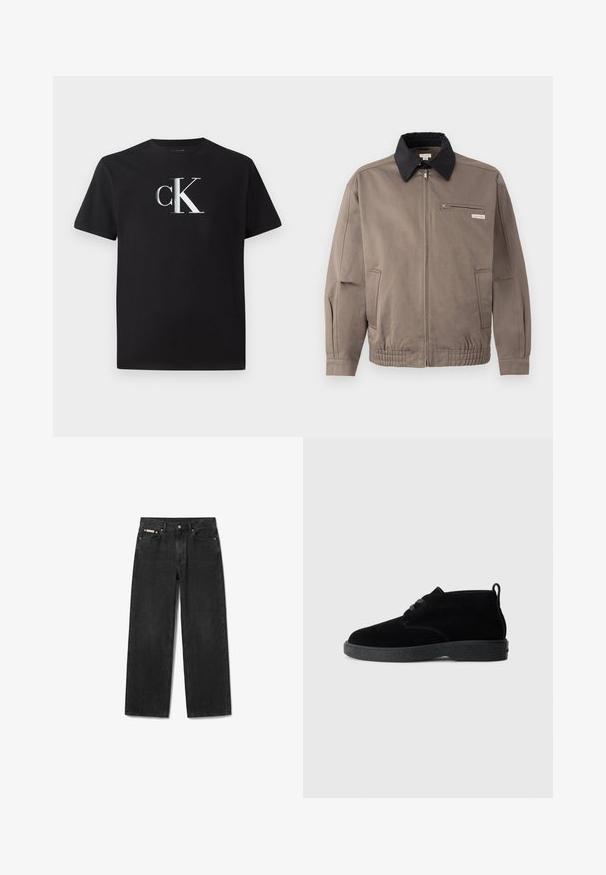 Graue Jacke mit schwarzem Kragen, Reißverschluss vorne und Brusttasche. Merkmale sind elastische Bündchen und Gummizug am Saum, aus strapazierfähigem Material.; Schwarzes Baumwoll-T-Shirt mit einem silbernen "ck"-Logo auf der Vorderseite. Kurzärmlig und mit einem runden Halsausschnitt in regulärer Passform.; Schwarze Straight-Leg-Denimjeans mit Vorderknopf und Reißverschluss, fünf Taschen und einem kleinen Markenlabel auf der rechten Vordertasche.; Schwarze Wildleder-Stiefeletten mit runder Zehenpartie, Schnürdesign, schwarzem Gummisohle und einem Zugband an der Rückseite für einfaches An- und Ausziehen.