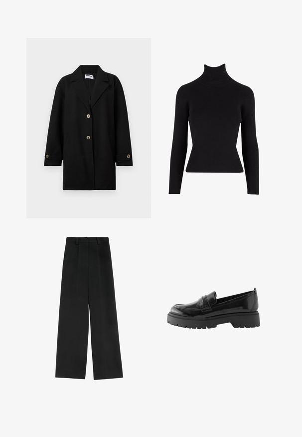 Sort frakke lavet af et blødt stof, med en spids krave, tre frontknapper, sidelommer og manchetter med matchende knapper.; Sort ribbet turtleneck sweater med lange ærmer, tætsiddende silhuet, tekstureret stof og høj hals.; Sorte brede bukser med høj talje, der har to frontfald, bæltestropper og en glat tekstur. Ingen lommer eller synligt metal.; Sorte lakerede loafers har en lav platformssål med en robust træd og en quiltet detalje over midtfoden.