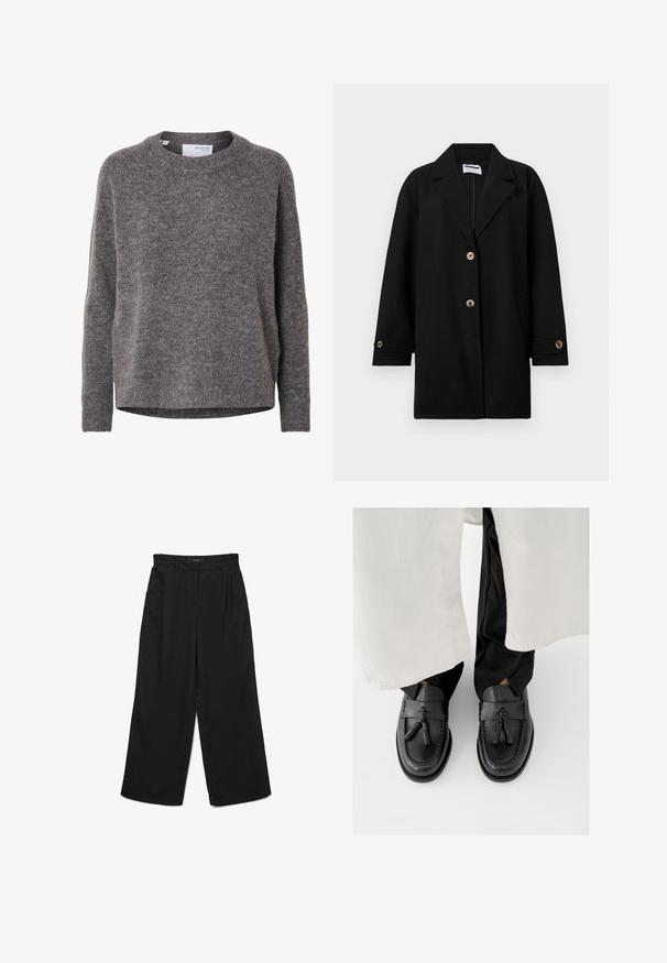 Sort frakke lavet af et blødt stof, med en spids krave, tre frontknapper, sidelommer og manchetter med matchende knapper.; Langærmet grå uldsweater til kvinder med rund hals, ribstrikkede manchetter og kant, mærket Selected Femme.; Sorte bukser med brede ben, flad front, to plisser og sidelommer. Fremstillet af glat stof med en struktureret linning.; Sorte læder loafers med kvastdetaljer, med rundet tå, syningsdetaljer og en glat finish, båret med sorte bukser.