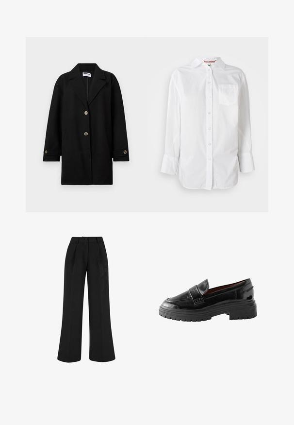 Manteau noir en tissu doux, avec un col cranté, trois boutons à l'avant, des poches latérales et des détails aux poignets avec des boutons assortis.; Chemise blanche à manches longues avec col et poche poitrine, présentée sur un fond uni.; Pantalon noir taille haute à jambes larges avec plis devant, passants de ceinture et fermeture par bouton à la taille.; Mocassins en cuir verni noir avec une semelle en caoutchouc épaisse, présentant une pointe arrondie et une bande surélevée cousue sur le dessus du pied.
