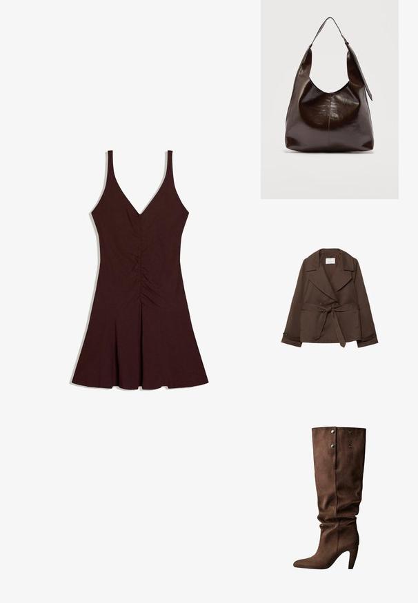 Veste en mélange de coton marron avec une double boutonnage à l'avant, des revers larges, des poches latérales et une ceinture à nouer. Texture lisse et coupe ajustée.; Robe marron foncé sans manches avec décolleté en V, corsage ajusté avec fronces centrales, et jupe évasée.; Bottine en suede marron, montant jusqu'au genou, avec un bout pointu et un talon fin. Présente deux boutons-pression argentés et un design de haut froncé.; Sac à bandoulière en cuir marron foncé brillant avec une seule large sangle et un détail de boucle sur un côté, posé sur un fond clair uni.