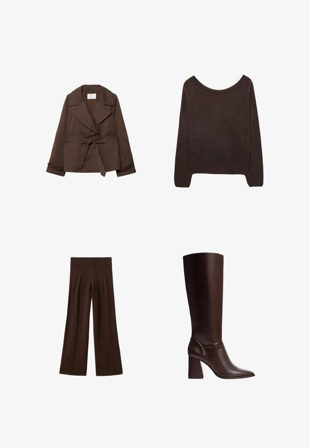 Brun bomuldsblandingsjakke med dobbeltbrystet forside, brede klapper, sidelommer og bælte. Glat tekstur og skræddersyet pasform.; Brun strikket sweater med off-shoulder halsudskæring, lange ærmer og ribbede manchetter. Blød tekstur med en glat overflade.; Brune brede bukser med ribbet elastisk talje og lodrette sømdetaljer på en hvid baggrund.; Brune læderknæhøje støvler med spidse tæer og blokhæle, der har en glat overflade og et strømlinet design. Udsmykket syning ved anklen.