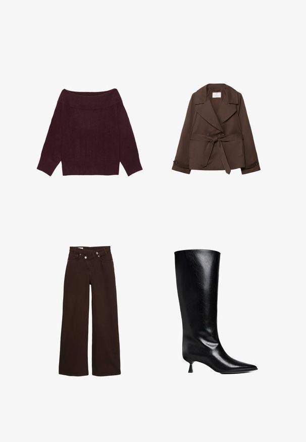 Veste en mélange de coton marron avec une double boutonnage à l'avant, des revers larges, des poches latérales et une ceinture à nouer. Texture lisse et coupe ajustée.; Pull à manches longues, épaules dénudées, en maille bordeaux foncé avec col, poignets et ourlet côtelés.; Jean taille haute, coupe large, couleur marron, avec fermeture éclair et bouton à l'avant, comprenant des poches avant et arrière.; Boot en cuir noir, montant jusqu'au genou, avec un bout pointu, une silhouette élancée et un talon carré bas, le tout avec une finition brillante.