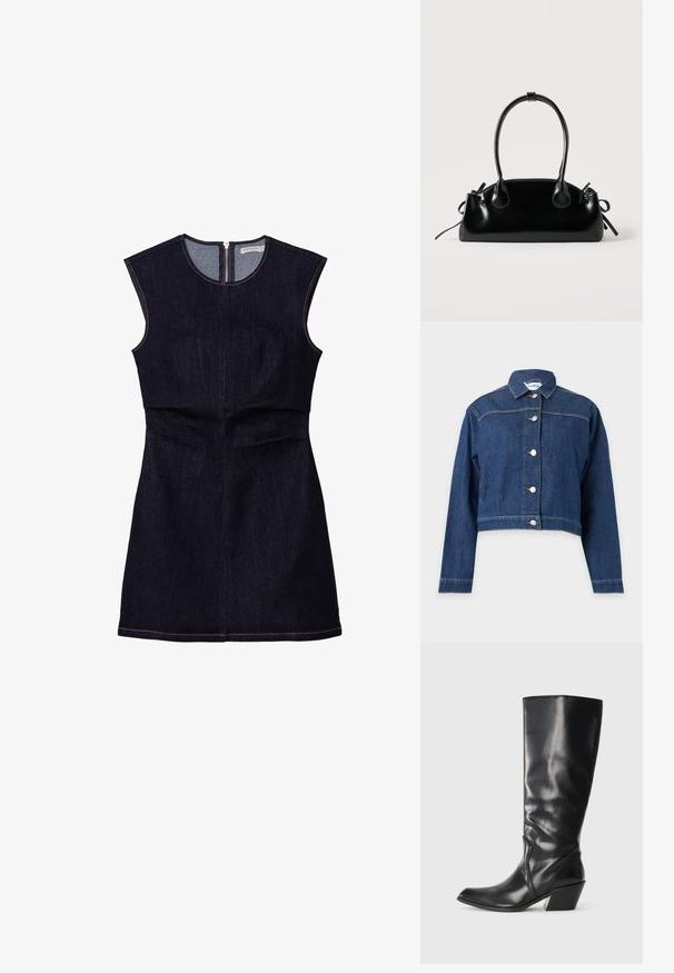 Blå denimjakke med lange ærmer, knaplukning foran og en kort, let croppet pasform.; Mørk denim ærmeløs kjole med en tætsiddende overdel og en flagrende nederdel. Har en lynlås i ryggen og enkle stikninger.; Sorte læder knæhøje støvler med spids tå, vinklet hæl og glat tekstur. Funktioner en subtil syning langs siden.; Lille sort blank håndtaske med to lange håndtag og snøre-detaljer i siden på en ensfarvet lys baggrund.
