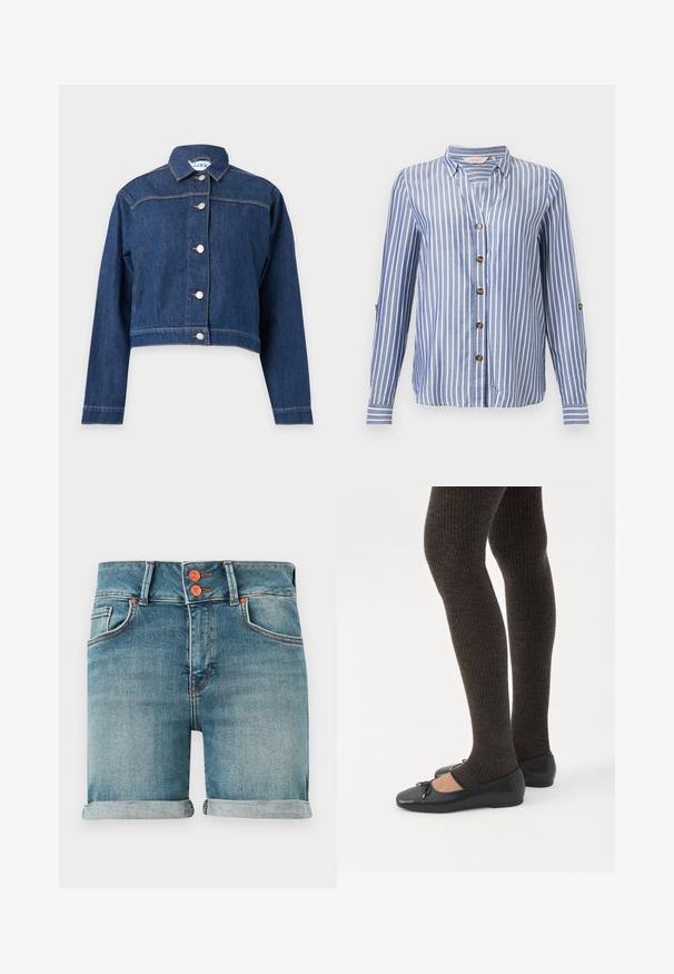 Veste en jean bleue à manches longues, fermeture boutonnée sur le devant et coupe courte légèrement raccourcie.; Chemise à manches longues rayée verticalement bleu et blanc avec col en V, col et boutons marron sur le devant et sur les pattes de manche.; Shorts en denim bleu avec ourlets roulés, double bouton en cuivre, poches avant et passants pour ceinture sur un fond uni.; Jambes portant des leggings côtelés foncés associés à des ballerines noires avec de petits détails en nœud sur fond blanc.