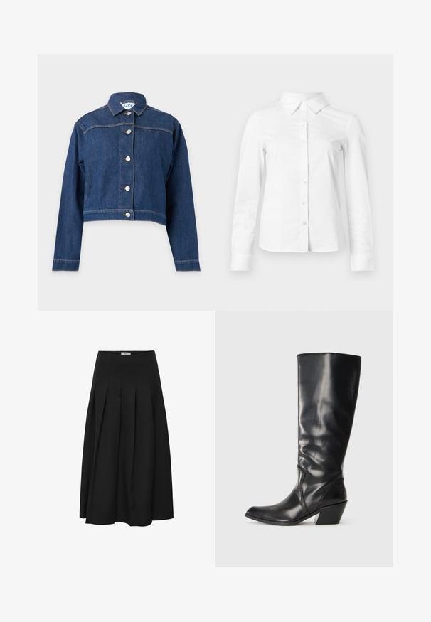 Blaue Jeansjacke mit langen Ärmeln, Knopfverschluss vorne und einer kurzen, leicht verkürzten Passform.; Weißes langärmeliges Hemd mit spitzem Kragen, geradem Saum und taillierter Silhouette, auf hellem, einfarbigem Hintergrund dargestellt.; Schwarzer plissierter Midirock aus glattem Stoff. Verfügt über eine hohe Taille und eine fließende Silhouette mit sorgfältig genähten Falten.; Schwarze Leder-Stiefel bis zum Knie mit spitzem Zeh, angularer Ferse und glatter Textur. Verfügt über einen dezenten gesteppten Akzent an der Seite.