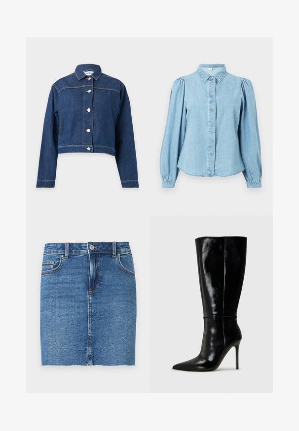 Veste en jean bleue à manches longues, fermeture boutonnée sur le devant et coupe courte légèrement raccourcie.; Chemise en denim bleu clair avec un col pointu, une patte de boutonnage à l'avant et des manches longues bouffantes. Texture lisse avec un ourlet arrondi.; Mini-jupe en denim bleu avec fermeture avant à boutons et zip, poches avant et poche monnaie, et ourlet brut.; Bottes noires en cuir, hautes jusqu'au genou, avec un bout pointu et un talon aiguille haut. Texture lisse et design épuré, avec un minimum de détails.