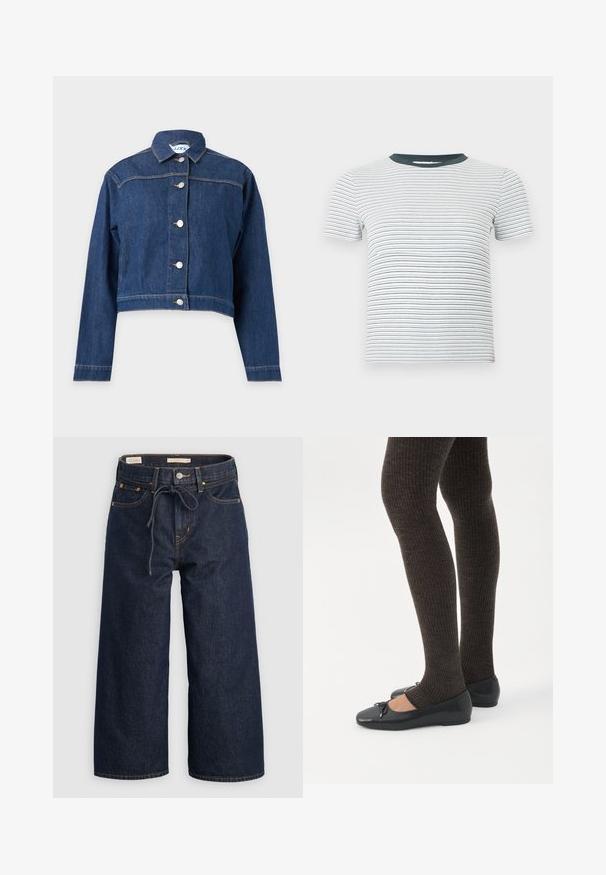 Blå denimjakke med lange ærmer, knaplukning foran og en kort, let croppet pasform.; Hvid kortærmet ribbet t-shirt med tynde horisontale sorte striber og en ensfarvet mørkegrå rund halsudskæring.; Mørkeblå vide denimjeans med elastisk talje og snor, forlommer og kontrasterende orange syninger.; Ben iført mørke ribbede leggings kombineret med sorte balletsko med små sløjfedetaljer på hvid baggrund.