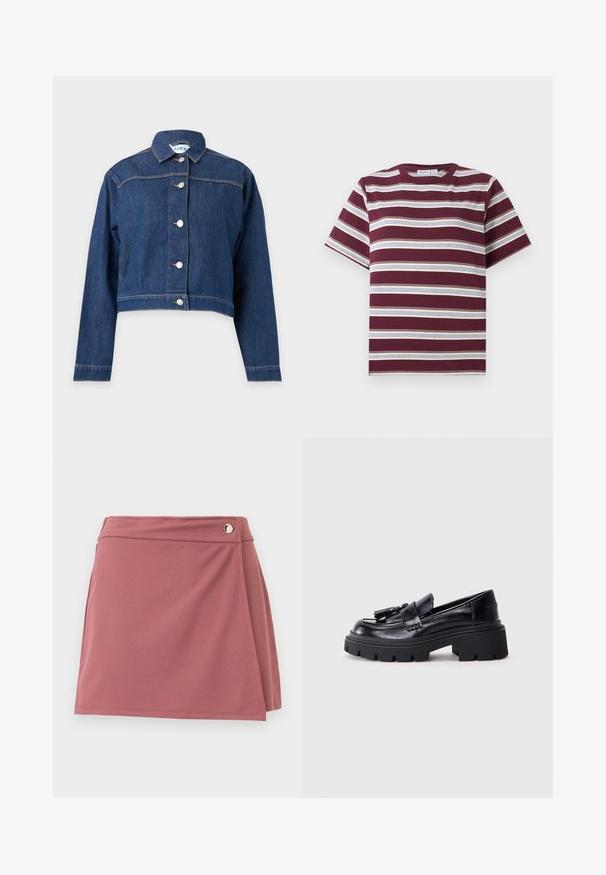 Blå denimjakke med lange ærmer, knaplukning foran og en kort, let croppet pasform.; Mørkerød t-shirt med korte ærmer med horisontale hvide og grå striber, rund halsudskæring, fladt lagt på hvid baggrund.; Kort støvet rosa slå-om nederdel med en lille sølvknap nær taljebåndet på en ensartet, lys baggrund.; Sorte læder loafers med en klumpet, bølget sål, der har en dekorativ kvast på forsiden og en glat, blank overflade.