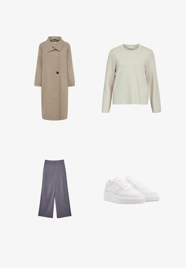 Manteau en laine beige avec un grand col, fermeture à un bouton, et manches trois-quarts. Texture lisse avec une forme structurée.; Pull beige clair à manches longues avec un col rond. Fabriqué en maille texturée, présentant des épaules légèrement tombantes et une coupe décontractée.; Pantalons gris taille haute à jambes larges avec passants de ceinture et plis avant, présentés sur un fond blanc.; Baskets blanches avec une tige en suède et en cuir perforé, lacets plats, col rembourré et une semelle en caoutchouc épaisse et texturée.