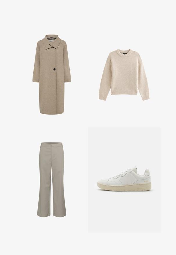 Manteau en laine beige avec un grand col, fermeture à un bouton, et manches trois-quarts. Texture lisse avec une forme structurée.; Pull en tricot beige à col rond, à manches longues et avec un ourlet côtelé. Tissu texturé au toucher doux. Design simple et polyvalent.; Pantalon beige droit cropped, fabriqué dans un tissu lisse. Comporte une poche avant et une finition de taille nette.; Baskets en cuir blanc avec une boîte à orteils perforée, semelle en caoutchouc beige contrastante et accents de logo sur le côté et le talon. Design minimaliste.