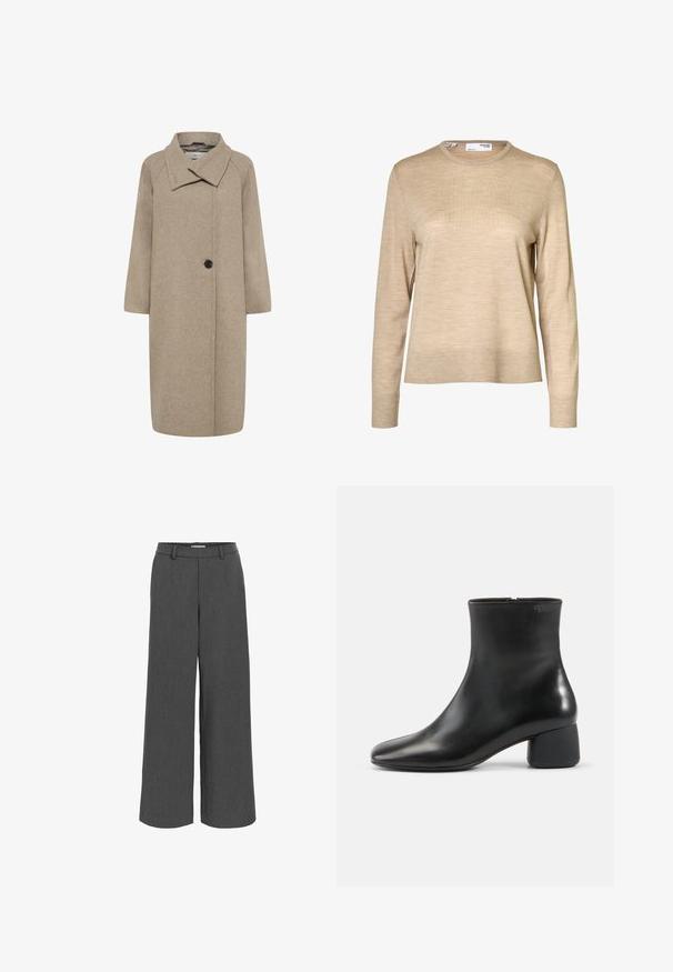 Beige uldfrakke med stor krave, enkelt knaplukning og trekvartlange ærmer. Glat tekstur med en struktureret form.; Beige langærmet uldsweater med rund hals og ribstrikkede manchetter og kant, vist mod en hvid baggrund.; Grå brede bukser lavet af tekstureret stof, med elastisk talje og frontlommer for en afslappet pasform.; Sort læderankelstøvle med afrundet firkantet tå, sidelås og chunky lav hæl på ensfarvet lys baggrund.