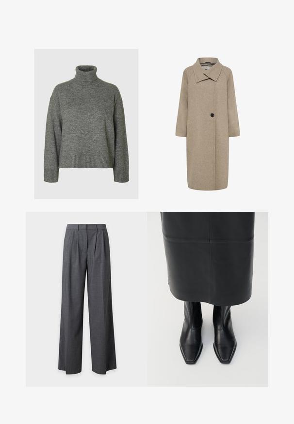Manteau en laine beige avec un grand col, fermeture à un bouton, et manches trois-quarts. Texture lisse avec une forme structurée.; Pull à col roulé gris fabriqué dans un matériau doux et texturé, avec une coupe décontractée. Présente un col, des poignets et un ourlet côtelés. Design simple.; Pantalon gris foncé à jambes larges avec plis sur le devant, passants de ceinture et fermeture avant dissimulée, présenté sur un fond clair uni.; Bottes montantes en cuir noir avec un design à bout carré et une fermeture éclair sur le côté. Texture lisse et matériel minimal ; associées à une jupe en cuir noir.