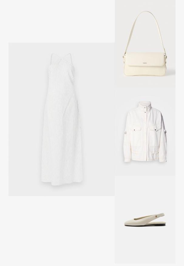 Witte denim jas met een hoge kraag, twee voorkanten zakken, zilveren drukknopen en contrasterende stiksels. Heeft een relaxte pasvorm.; Witte gestreepte jurk met een kruisrugontwerp, gemaakt van lichtgewicht stof. Heeft dunne verticale zwarte strepen en een vloeiende silhouet.; Crèmekleurige leren slingback platte schoen met ronde neus en klein gouden embleem op het bandje.; Schoudertas van crèmegekleurd leer met een klepafsluiting, zilverkleurige hardware, een enkele verstelbare riem en subtiele logodetails.