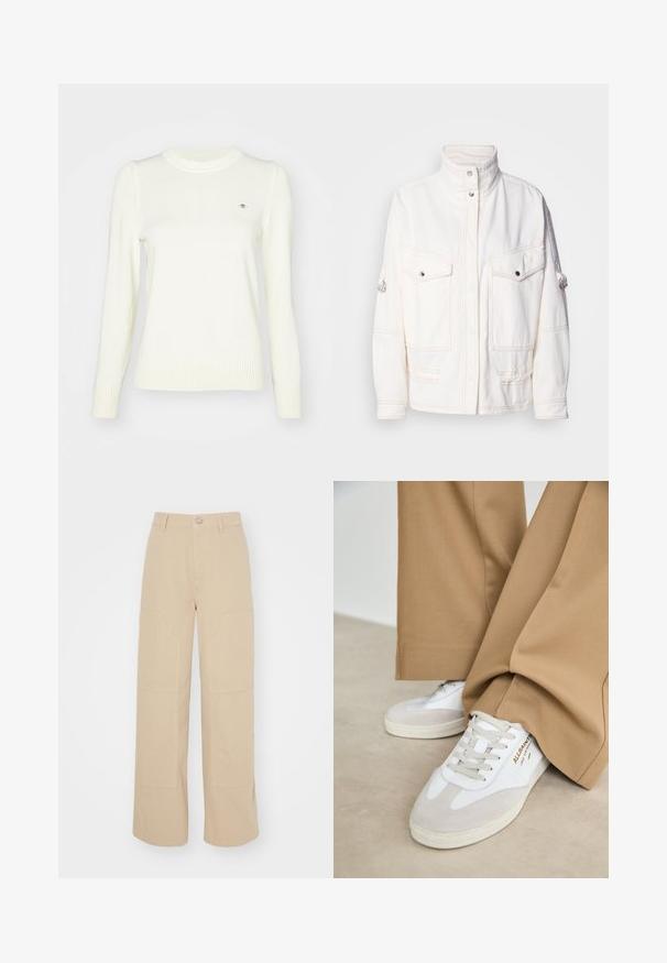 Chaqueta de denim blanca con un cuello alto, dos bolsillos frontales, botones a presión plateados y detalles de costura en contraste. Presenta un ajuste relajado.; Suéter de color crema claro, textura de punto, cuello redondo, mangas largas, puños y dobladillo acanalados. Detalle sutil del logo en el pecho.; Pantalones de pierna ancha beige hechos de algodón. Presentan dos grandes bolsillos delanteros y un cierre de botón metálico en la cintura. Textura suave.; Zapatillas blancas con detalles de ante, cordones texturizados y suela de goma. Combinadas con un pantalón suelto en tono marrón claro. Logo exhibido en el lateral.