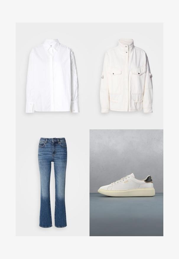 Chaqueta de denim blanca con un cuello alto, dos bolsillos frontales, botones a presión plateados y detalles de costura en contraste. Presenta un ajuste relajado.; Camisa blanca de botón con cuello clásico, mangas largas y puños abotonados. Fabricada con una tela suave, presenta una tapeta en el centro delantero.; Jeans de denim acampanados en degradado de azul claro a oscuro, con cintura alta, cinco bolsillos y un ligero desvanecimiento en las piernas inferiores.; Zapatilla blanca con parte superior de cuero suave, presenta un talón de cuero en tonos marrón y negro, cordones redondos y una suela de goma beige gruesa. Detalle del logo en dorado.