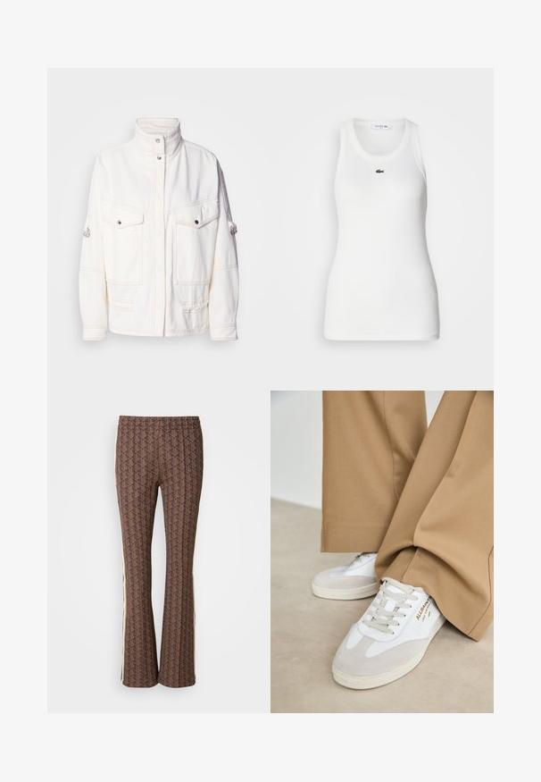 Hvid denimjakke med høj krave, to frontlommer, sølv trykknapper og kontrasterende syninger. Har en afslappet pasform.; Hvid ærmeløs tanktop med rund halsudskæring og ribbet tekstur. Har et lille grønt Lacoste krokodillelogo på brystet.; Brune mønstrede flared bukser med et struktureret design og sidelange striber. Elastisk talje for komfort.; Hvide sneakers med ruskinddetaljer, strukturerede snørebånd og gummisål. Kombineret med løse, brune bukser. Logoet er vist på siden.