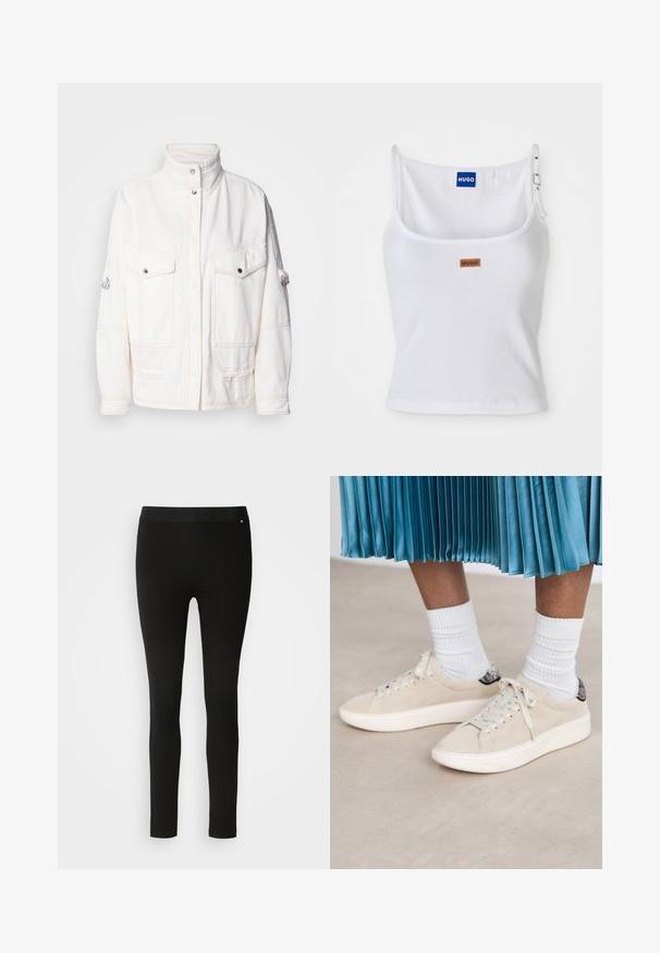 Hvid denimjakke med høj krave, to frontlommer, sølv trykknapper og kontrasterende syninger. Har en afslappet pasform.; Hvid ribbet tanktop med justerbare stropper, der har et blåt logo-label og et lille brunt tag, fremstillet af blødt, strækbart materiale.; Sorte leggings med en glat tekstur, featuring en fleksibel talje og diskret sømdetalje. Ingen mønstre eller hardware er til stede.; Beige ruskindsneakers med en hvid gummisål og snørebåndsdesign. Accentueret med en struktureret sort hælflap. Båret med hvide ribbede sokker.