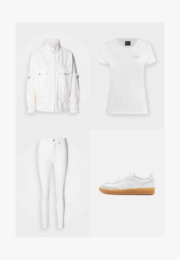 Witte denim jas met een hoge kraag, twee voorkanten zakken, zilveren drukknopen en contrasterende stiksels. Heeft een relaxte pasvorm.; Wit T-shirt met korte mouwen en ronde hals, met een klein gouden "BOSS"-logo op de linkerborst en een zwart label met oranje "BOSS"-tekst aan de binnenkant van de kraag.; Witte denim skinny jeans met een hoge taille, voorzien van een voorste knoop- en ritssluiting en vijf zakken. Gladde textuur, aansluitend ontwerp.; Witte leren sneaker met beige suède accenten, gumrubberen zool en vetersluiting. Heeft subtiele branding in goud.