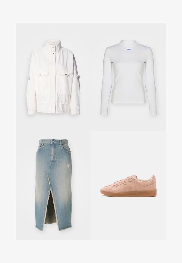 Hvid denimjakke med høj krave, to frontlommer, sølv trykknapper og kontrasterende syninger. Har en afslappet pasform.; Hvid langærmet turtleneck-top lavet af strækstof, med en tætsiddende design og et lille blåt logo på brystet.; Denim nederdel, lyseblå, midtlængde med frayed kant. Har en frontslids og slidte detaljer nær taljen og kanten.; Lyserøde suedestøvler med gummisål, rund tå og snørebåndslukning. Har minimal branding på siden og hælen.