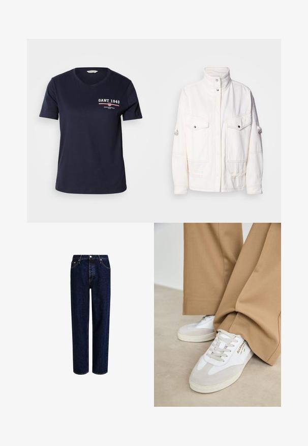 Chaqueta de denim blanca con un cuello alto, dos bolsillos frontales, botones a presión plateados y detalles de costura en contraste. Presenta un ajuste relajado.; Camiseta de algodón azul marino con escote en V y mangas cortas, que presenta el texto del logo en blanco y rojo "GANT 1949" y detalles de diseño en el lado izquierdo del pecho.; Jeans de mezclilla azul oscuro con un diseño de pierna recta, que presentan una cintura alta, estilo de cinco bolsillos y costuras en contraste. Sin adornos.; Zapatillas blancas con detalles de ante, cordones texturizados y suela de goma. Combinadas con un pantalón suelto en tono marrón claro. Logo exhibido en el lateral.