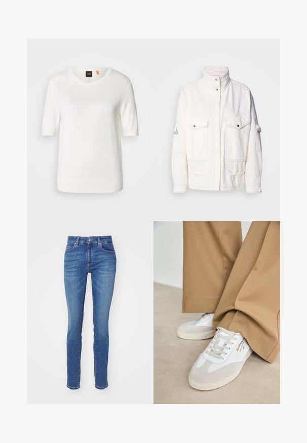 Hvid denimjakke med høj krave, to frontlommer, sølv trykknapper og kontrasterende syninger. Har en afslappet pasform.; Hvid kortærmet strik-top med rund halsudskæring, ribkant og blød tekstur. Logomærke med orange detalje ved kraven.; Blå denimjeans med slim fit, der har fem lommer, knaplukning og let falmning langs lårerne for ekstra struktur.; Hvide sneakers med ruskinddetaljer, strukturerede snørebånd og gummisål. Kombineret med løse, brune bukser. Logoet er vist på siden.