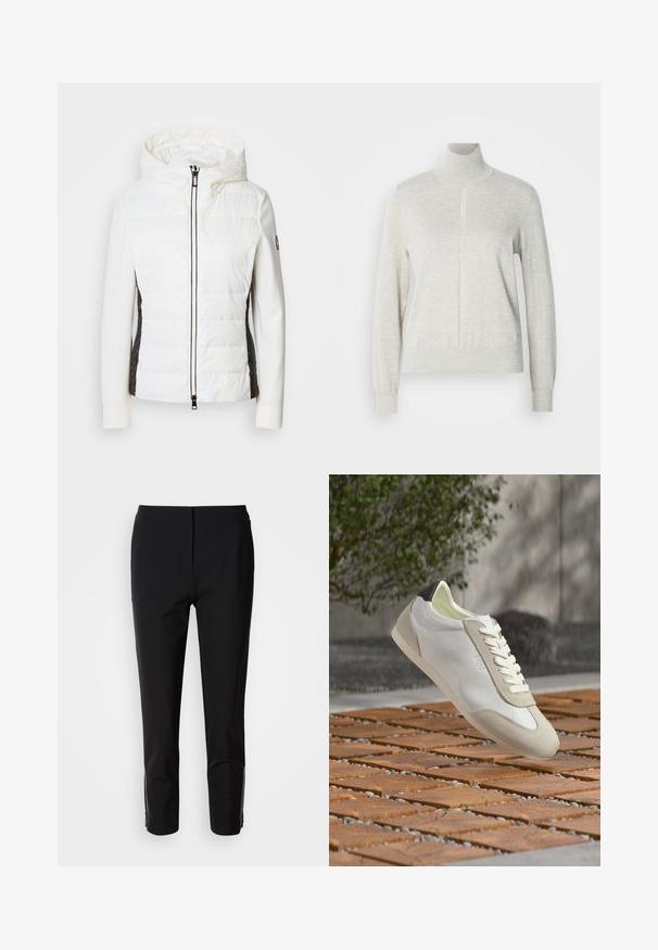 Veste blanche rembourrée avec capuche et panneaux latéraux noirs, dotée d'une fermeture éclair à l'avant et d'accents en tissu texturé sur les côtés.; Pull léger gris avec un col haut et une fermeture éclair quart. Fabriqué à partir d'un matériau doux et texturé, il présente des manches longues et un ourlet ajusté.; Un pantalon noir avec une coupe droite, fabriqué en tissu lisse. Présente des accents zippés sur les côtés inférieurs. Un style épuré et minimaliste.; Baskets blanches et beiges décontractées avec détail noir au talon, lacets blancs et logo "BOSS", flottant au-dessus d'un pavé en bois en extérieur.