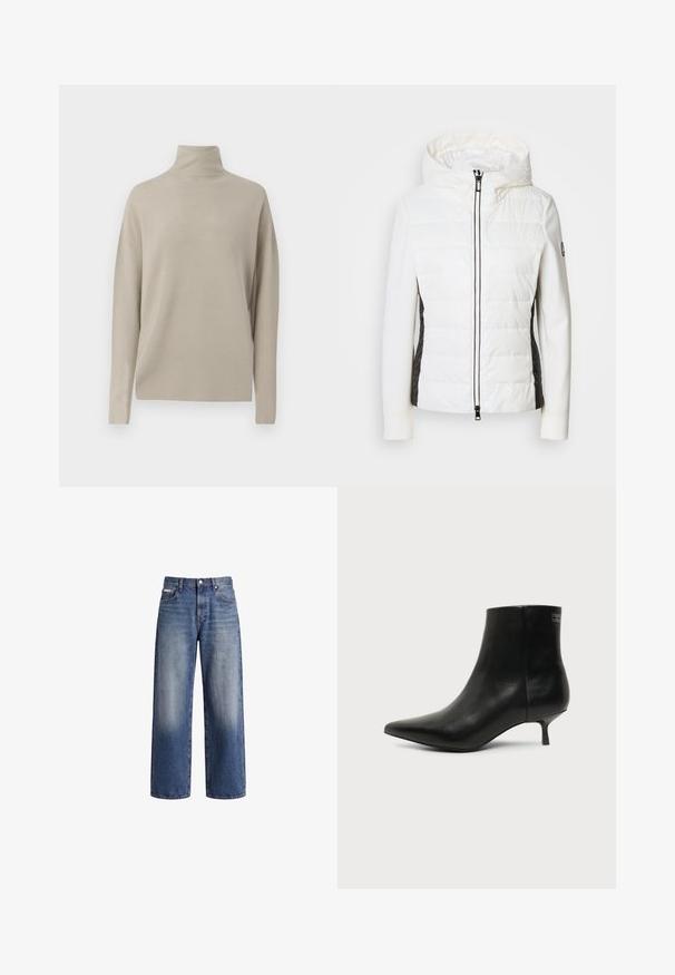 Polstret hvid jakke med hætte og sorte sidepaneler, der har en frontlynlås og strukturerede stofdetaljer på siderne.; Lys beige turtleneck sweater, lavet af blødt strikmateriale, har en afslappet pasform med lange ærmer og høj krave. Ingen synlige mønstre.; Blå bredbenede denimjeans med falmet vask, knap- og lynlås-lukning samt lommer foran og bagpå.; Sort læder ankelstøvle med spids tå og lav kitten hæl på lys baggrund, der viser yderside.