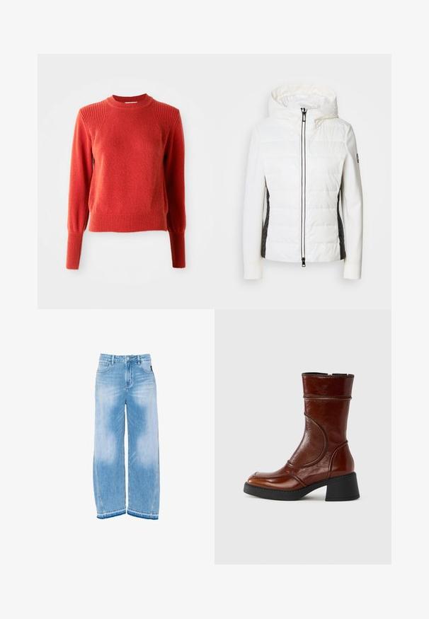 Veste blanche rembourrée avec capuche et panneaux latéraux noirs, dotée d'une fermeture éclair à l'avant et d'accents en tissu texturé sur les côtés.; Pull en tricot rouge avec col rond à côtes, épaules, poignets et ourlet, présenté sur un fond blanc uni.; Jeans en denim bleu clair, larges, taille haute, avec fermeture à bouton et poches avant, présentés sur un fond blanc.; Bottine en cuir brun avec un bout arrondi, un talon bloc et des détails de couture courbés sur la tige. Texture lisse et finition polie.