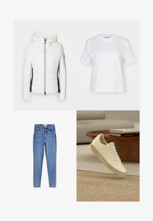 Gepolsterte weiße Jacke mit Kapuze und schwarzen Seitenelementen, ausgestattet mit einem Frontreißverschluss und strukturierten Stoffakzenten an den Seiten.; AllSaints LISA TEE - T-Shirt basic - white; Hellblaue Skinny Jeans aus Denim mit hoher Taille, fünf Taschen und kupferfarbenen Beschlägen. Glatte Textur mit leichter Ausbleichung.; Weißer Leder-Sneaker mit Schnürdesign, strukturierten Akzenten und einer durchscheinenden Gummisohle, präsentiert auf einer gewebten Oberfläche.