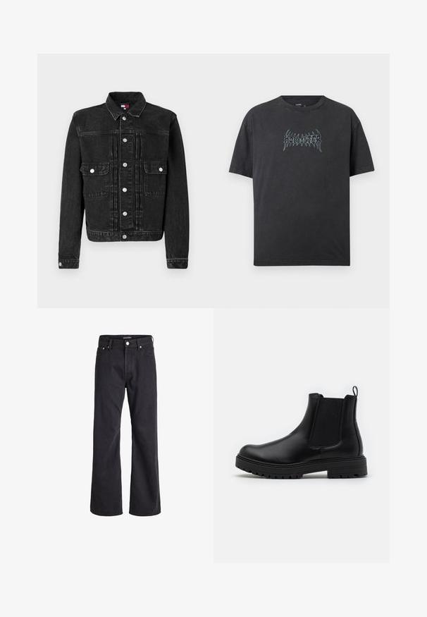 Schwarze Denimjacke mit durchgehender Knopfleiste, zwei Brusttaschen und klassischem Kragen. Sie hat eine leicht abgenutzte Textur und eine taillierte Passform.; Schwarzes T-Shirt mit kurzen Ärmeln und Rundhalsausschnitt mit stilisiertem hellblauem "Hollister"-Schriftzug mittig auf der Brust.; Schwarze Jeans mit geradem Bein, fünf Taschen, Knopfverschluss und Gürtelschlaufen, auf weißem Hintergrund dargestellt.; Zign LEATHER - Stiefelette - black