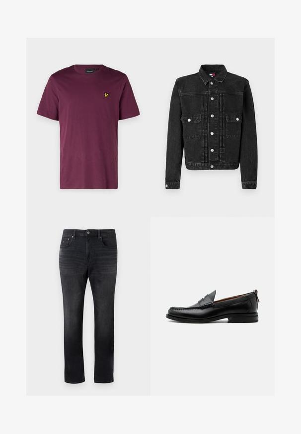Sort denimjakke med knaplukning foran, to brystlommer og klassisk krave. Den har en let slidt tekstur og en skræddersyet pasform.; Mørkerød bomulds t-shirt med rund hals, korte ærmer og et lille gult ørne-logo på venstre bryst. Glat overflade, almindelig pasform.; Sorte slim-fit jeans med falmet vask, fem-lomme design, knaplukning og subtilt brandlogo på den højre forlomme.; Sort læder herre loafer med moc-tå syning, penny strop, struktureret krave og lav stablet hæl på hvid baggrund.