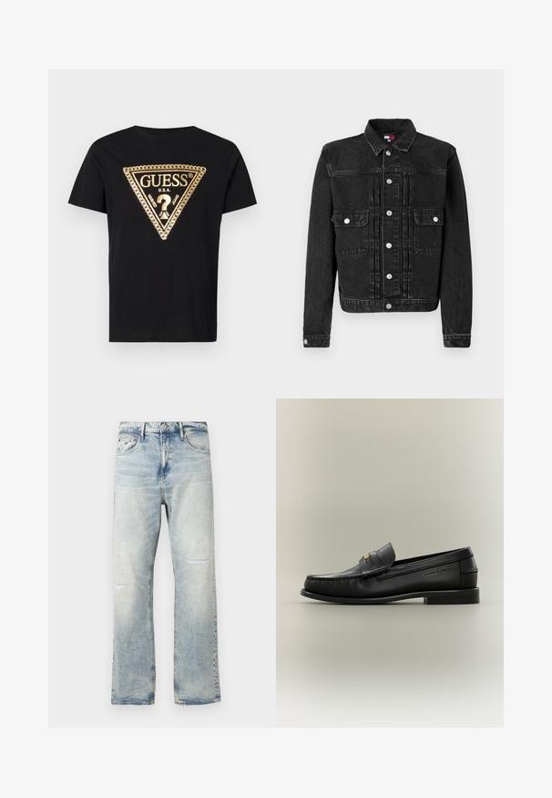 Schwarze Denimjacke mit durchgehender Knopfleiste, zwei Brusttaschen und klassischem Kragen. Sie hat eine leicht abgenutzte Textur und eine taillierte Passform.; Guess CHAIN - T-Shirt print - jet black; Hellblaue Jeans aus Denim mit einem verwaschenen Finish, die zwei Knie-Risse, ein gerades Bein Design und einen klassischen Fünf-Taschen-Stil aufweisen.; Schwarzer Leder-Slipper mit niedrigem Absatz, goldener Schnalle und geprägtem Markennamen an der Seite vor neutralem Hintergrund.