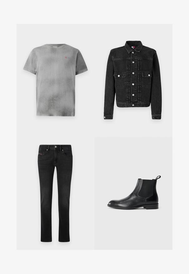 Schwarze Denimjacke mit durchgehender Knopfleiste, zwei Brusttaschen und klassischem Kragen. Sie hat eine leicht abgenutzte Textur und eine taillierte Passform.; Graues Kurzarm-T-Shirt mit strukturiertem Finish. Mit einem kleinen roten Logo auf der linken Brust. Einfacher runder Ausschnitt und gerader Saum.; Schwarze Denim-Jeans mit geradem Bein, ausgestattet mit Vorder- und Gesäßtaschen, subtilen Ausbleichungen und einem Metallknopfverschluss.; Schwarze Leder-Stiefelette mit elastischen Seiteneinsätzen, abgerundeter Zehenpartie und einem Zugschlauf. Glatte Textur, flache Sohle, minimalistisches Design.