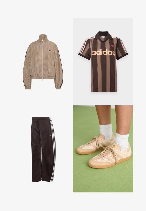 Brun og beige lille ternet lynlåstrøje med høj krave, elastiske manchetter og kant, sorte striber på ærmerne og lille sort logo på brystet.; Brunstribet Adidas polo-shirt med V-hals, bordeaux krave og rødt logo. Har hvide og røde skulderstriber samt korte ærmer.; Sorte Adidas træningsbukser med hvide tre striber ned langs siderne, elastisk linning, sidelomme med lynlås og Adidas-logo på venstre ben.; Fødder iført beige vævede Adidas sneakers med gummisåler og hvide ankelsokker på en grøn struktureret gulv.
