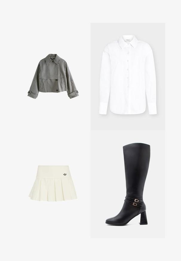 Veste courte en motif vichy bleu marine et beige, avec un grand col, deux poches frontales et des boutons décoratifs sur les manches.; Chemise blanche à manches longues avec col pointu et poignets boutonnés sur fond gris clair.; adidas Originals Minijupe - off white; Botte en cuir noir jusqu'au genou avec un bout pointu, deux sangles décoratives avec des boucles dorées, et un talon épais et texturé.