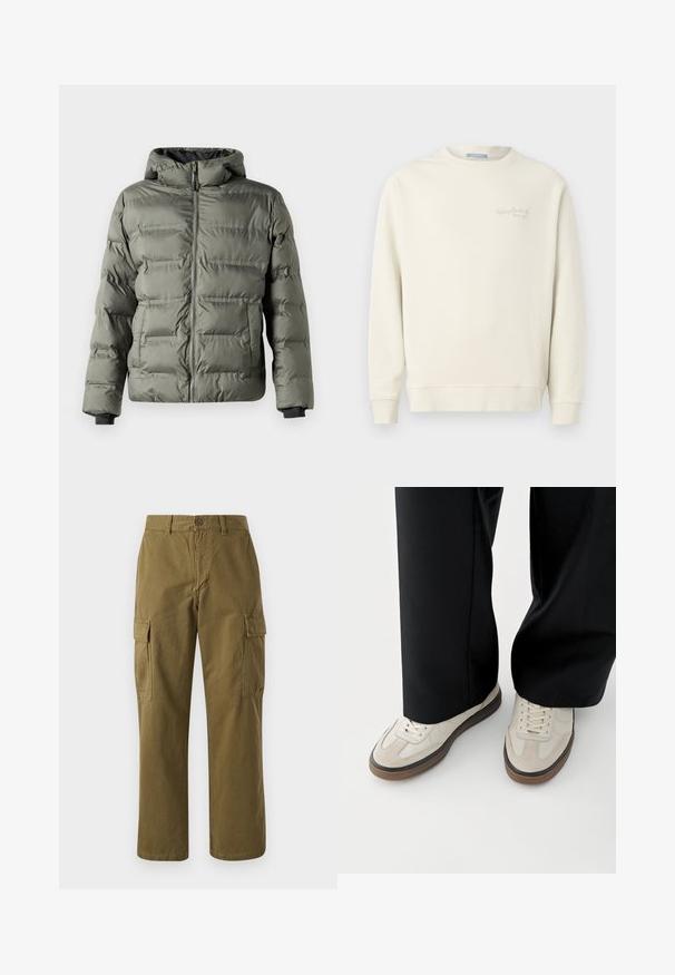 Pufjakke i olivengrøn med lynlås foran. Har hætte, syede paneler og elastiske manchetter for varme og komfort.; Replay LOGO CREW NECK - Sweatshirt - natural rope; Oliven grønne cargo bukser lavet af bomuld, med lige ben, front knaplukning og to sidelommer med klaplukninger.; Fødder iført beige sneakers med brune såler og sorte bukser med vide ben på hvid baggrund.
